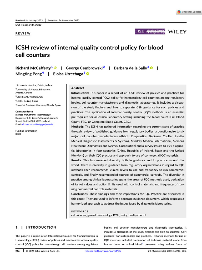 ICSH Review of Internal Quality Control Policy For Blood Counter | PDF