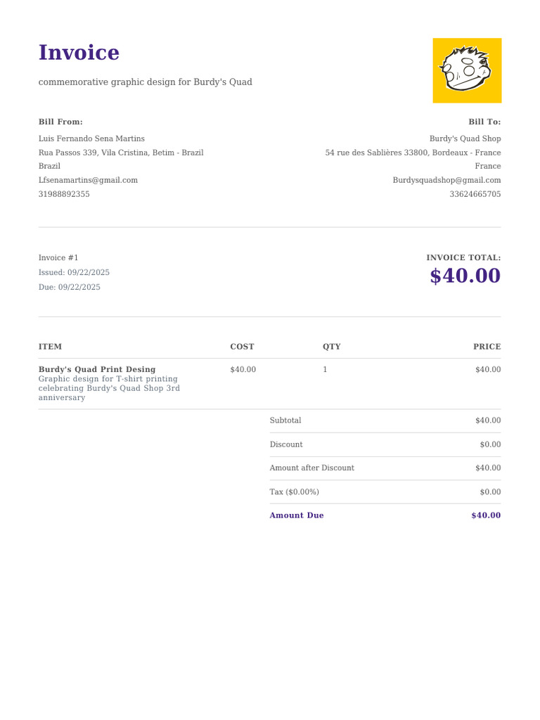 Burdy's Quad Shop Invoice | PDF