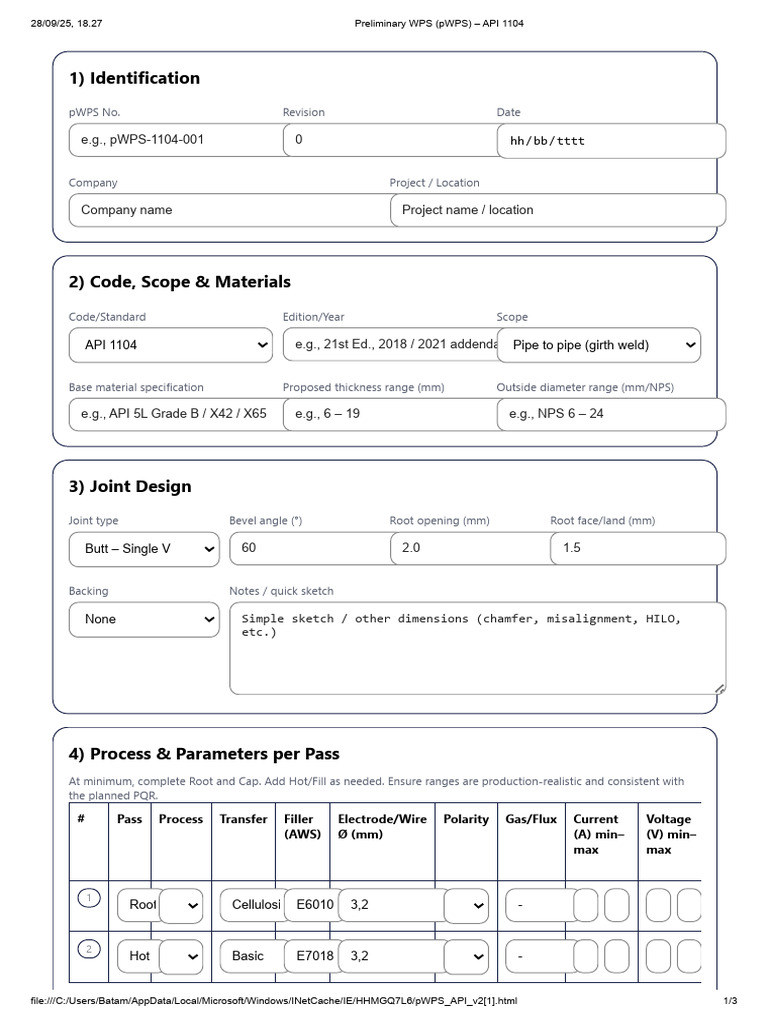 Preliminary WPS for API 1104 Welding | PDF | Applied And ...