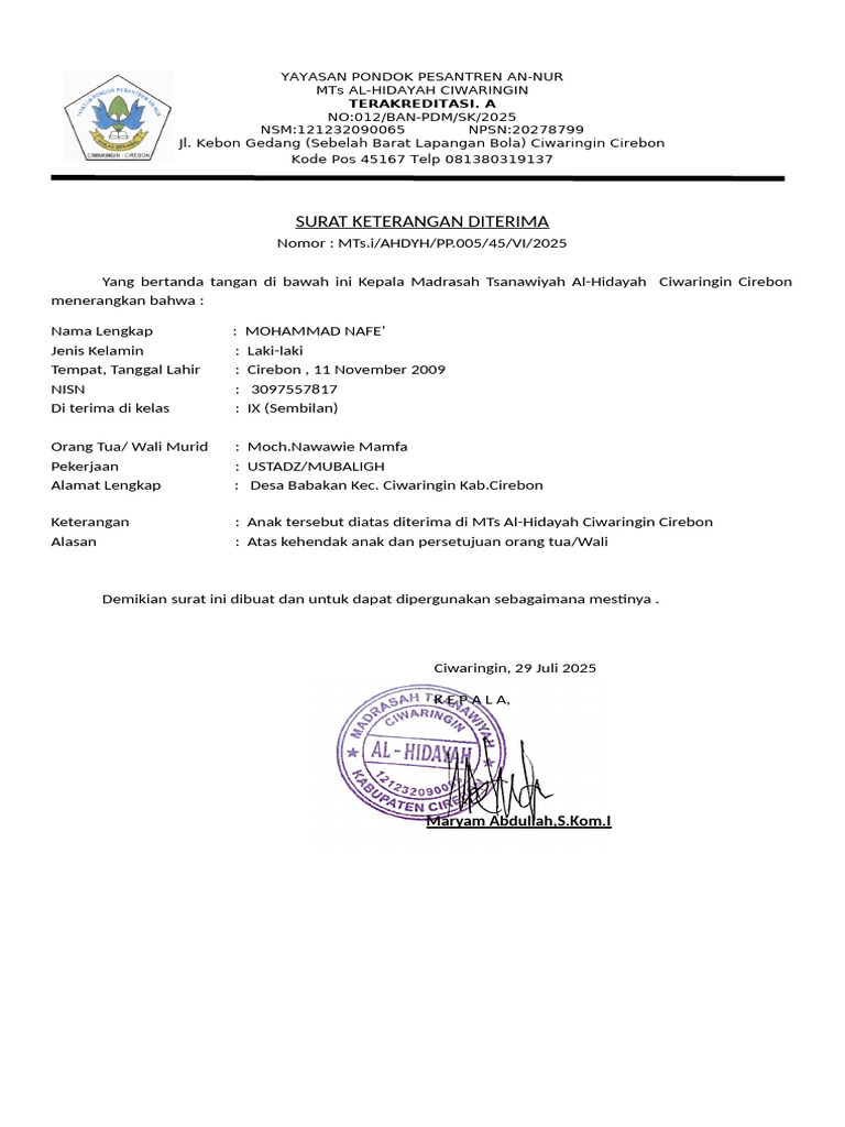 Surat Diterima Nafe' | PDF