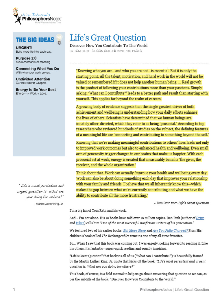 PNlifes Great QuestionTomRath | PDF | Well Being | Behavioural Sciences