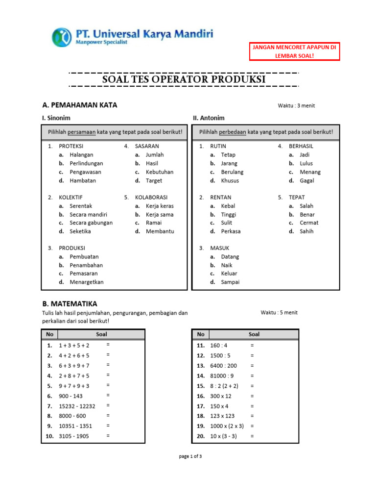 Tes Operator Produksi: Pemahaman & Matematika | PDF