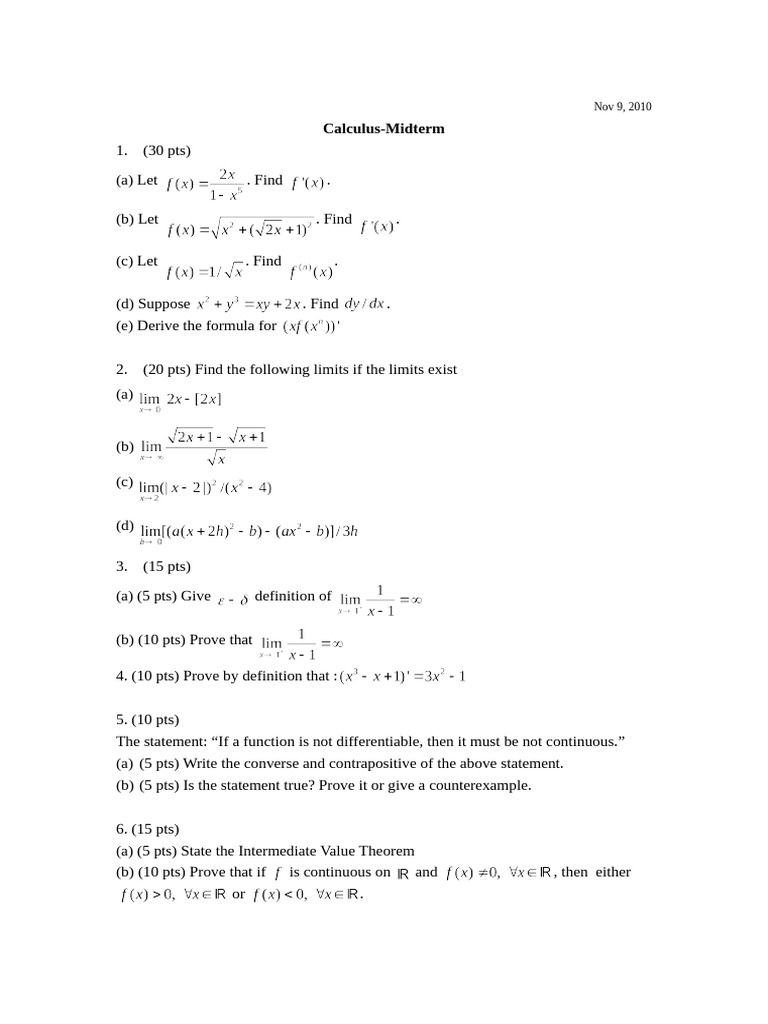 Calculus Midterm Exam Questions | PDF