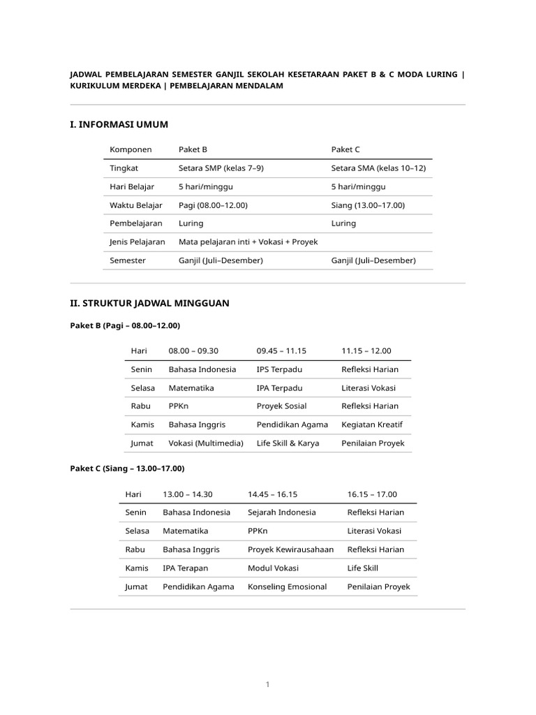 Jadwal Pembelajaran Paket B & C 2023 | PDF