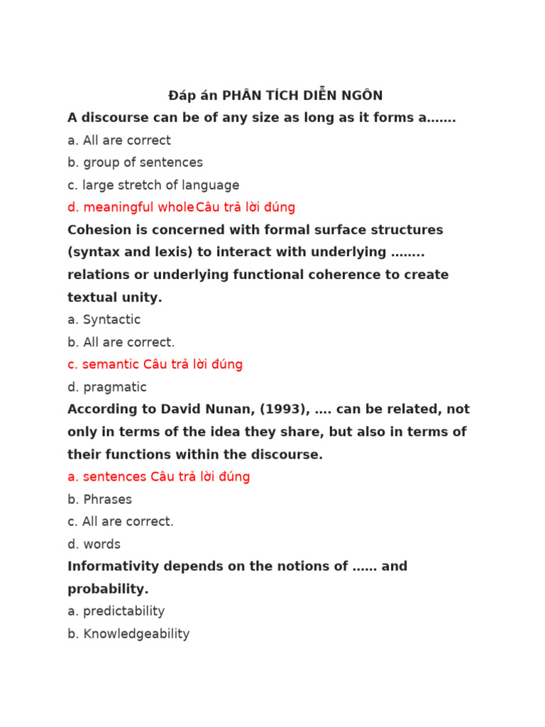 Discourse Analysis Answers Guide | PDF | Ellipsis | Syntax