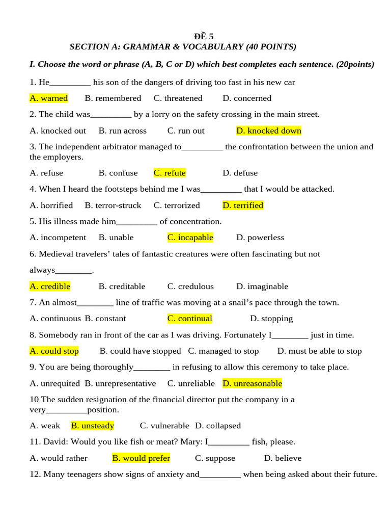 Grammar and Vocabulary Practice Test | PDF | Multiple Choice | Sat