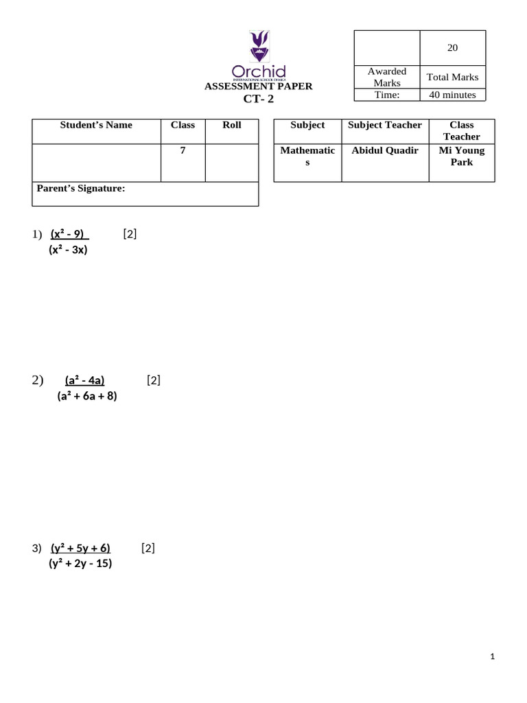 Class - 7 Mathematics CT-2 | PDF