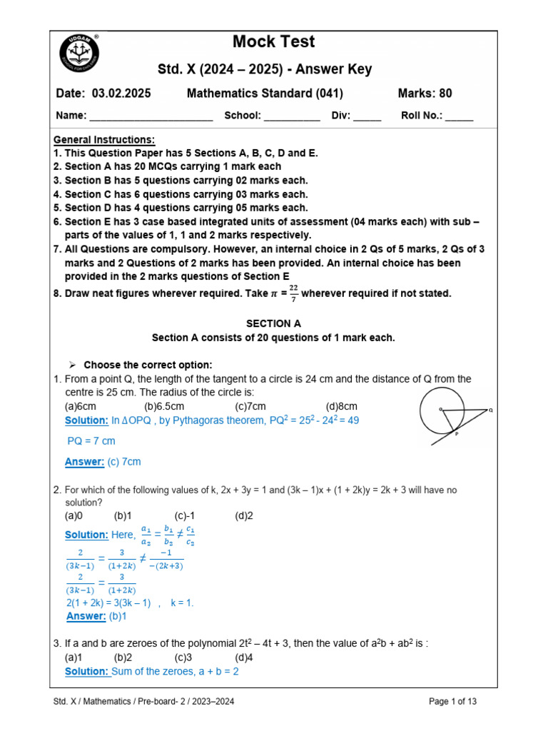 Std. X Mathematics Pre-board Answer Key | PDF | Area | Circle