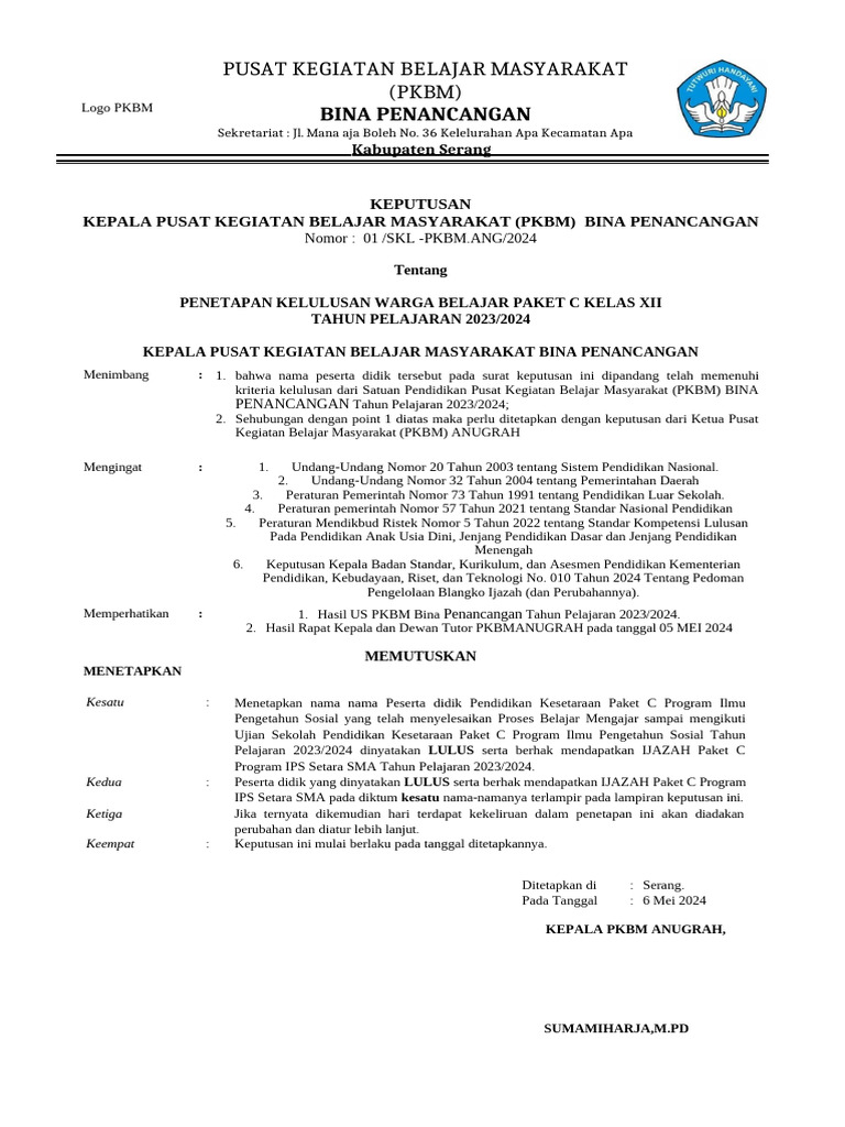 CONTOH SK. Kelulusan PKBM Dan SKB 2024 | PDF