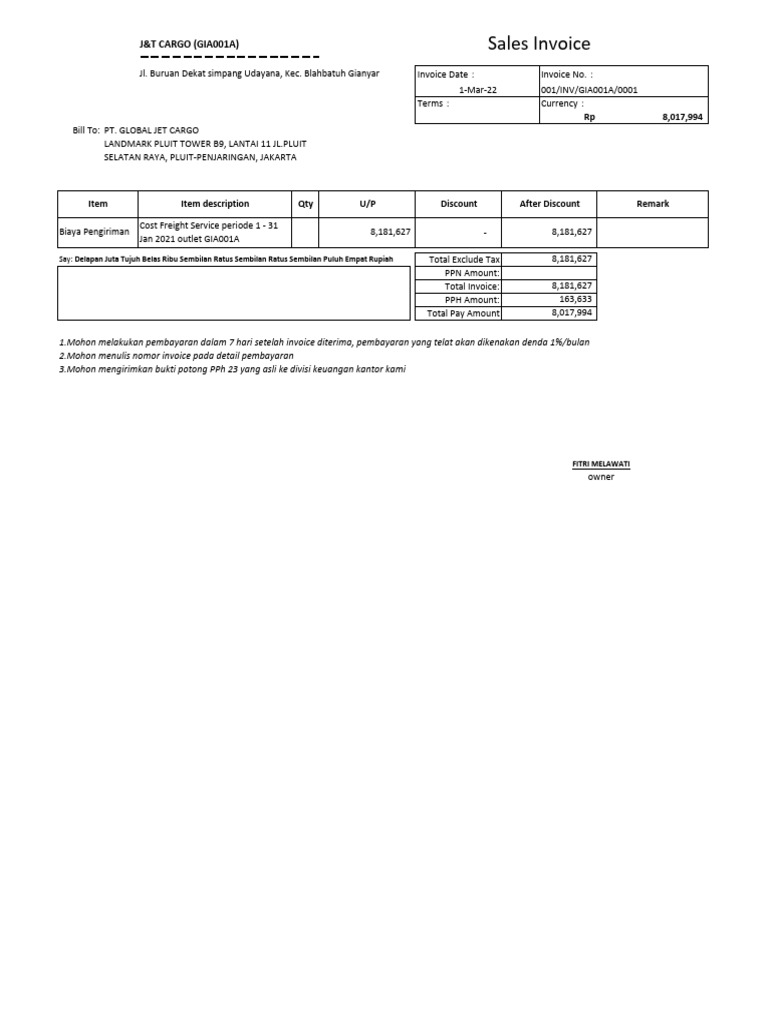 Invoice J&T Cargo untuk Fitri Melawati | PDF
