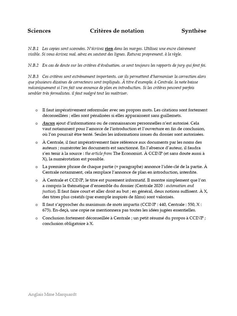 Critères de notation en sciences | PDF