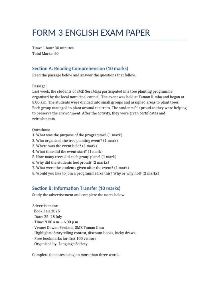 Form 3 English Exam Paper Guide | PDF