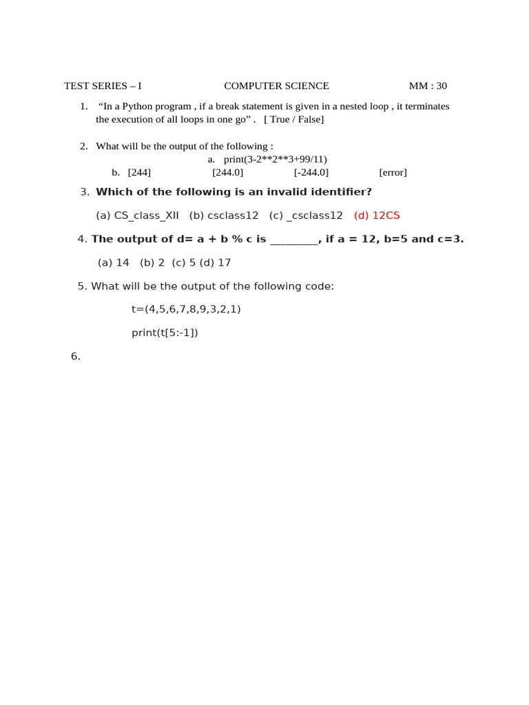 Python Test Series for Computer Science | PDF
