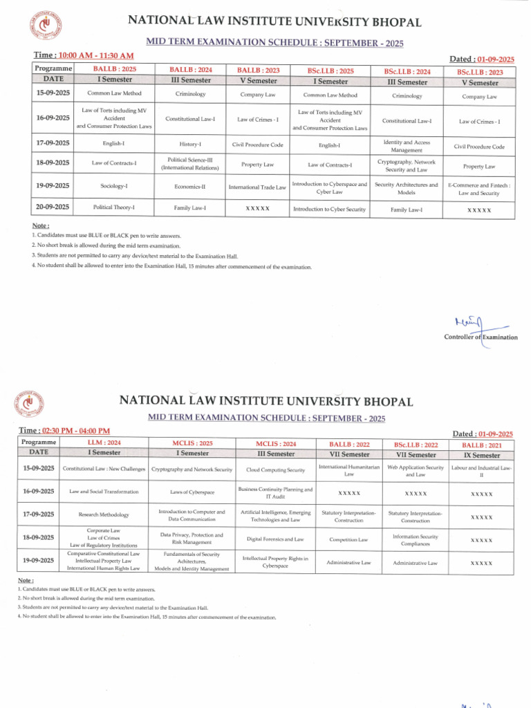 Mid Term Examination Schedule September - 2025 | PDF