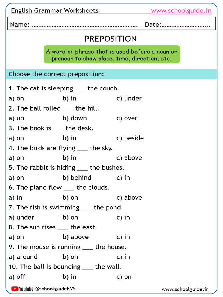 Preposition Worksheets for Grades 1-3 | PDF