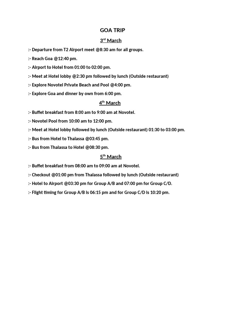 Goa Trip Schedule | PDF
