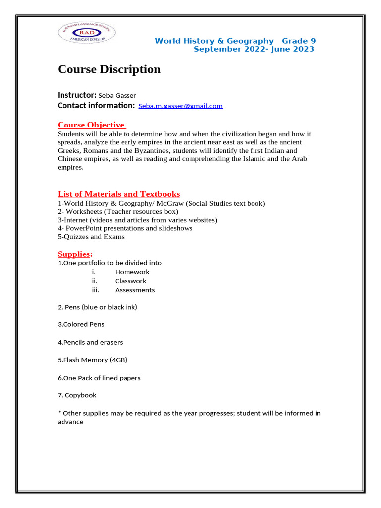 Course Discription G 9 ESS | PDF | Homework