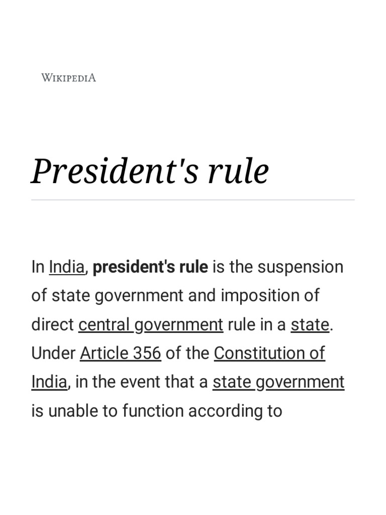 President's Rule - Wikipedia | PDF | Politics Of India | Governance