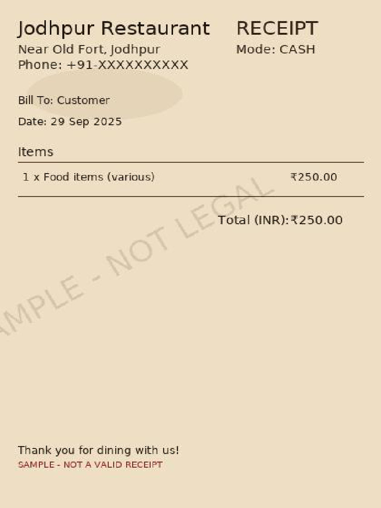 Jodhpur Receipt Sample | PDF
