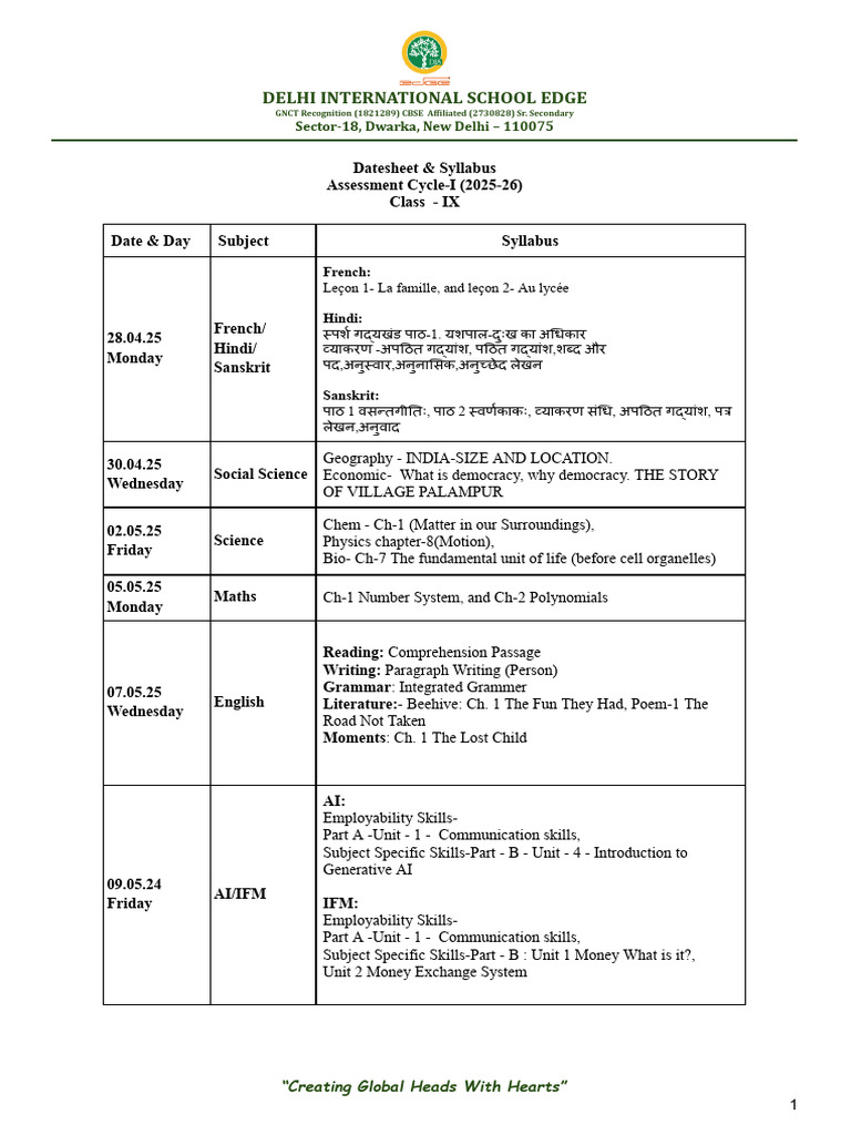 Class IX Assessment Datesheet 2025-26 | PDF