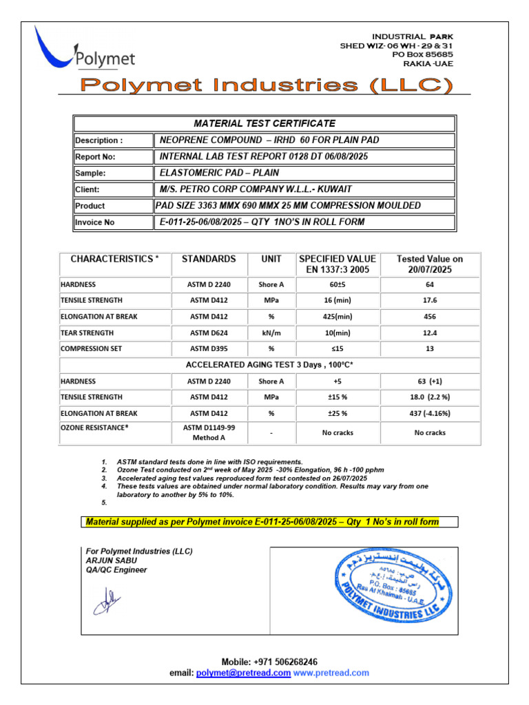 Material Test Certificate - Elastomeric Bearing Compound 60. Petro ...