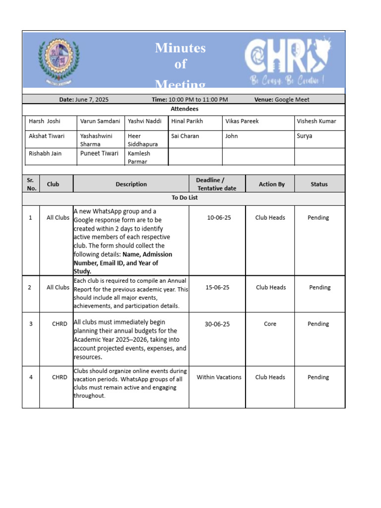 Club Meeting Action Items and Deadlines | PDF