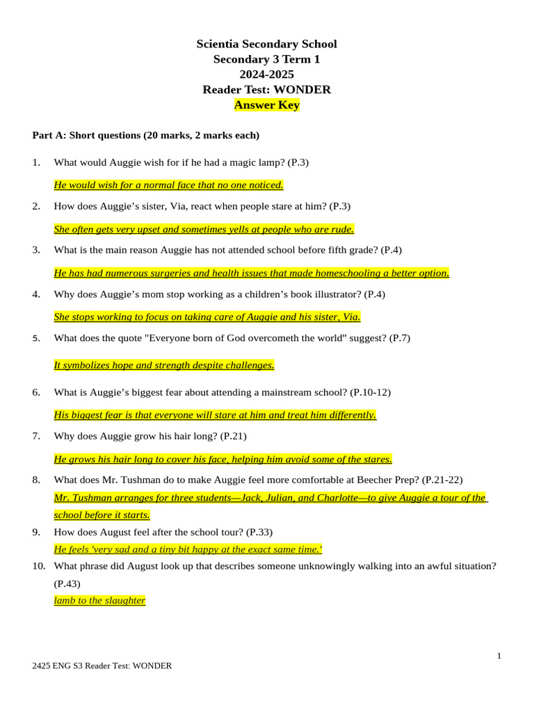 その他 Wonder World 1794 Questions & Answers Wonder Part 1 Q&A Answer Key | PDF