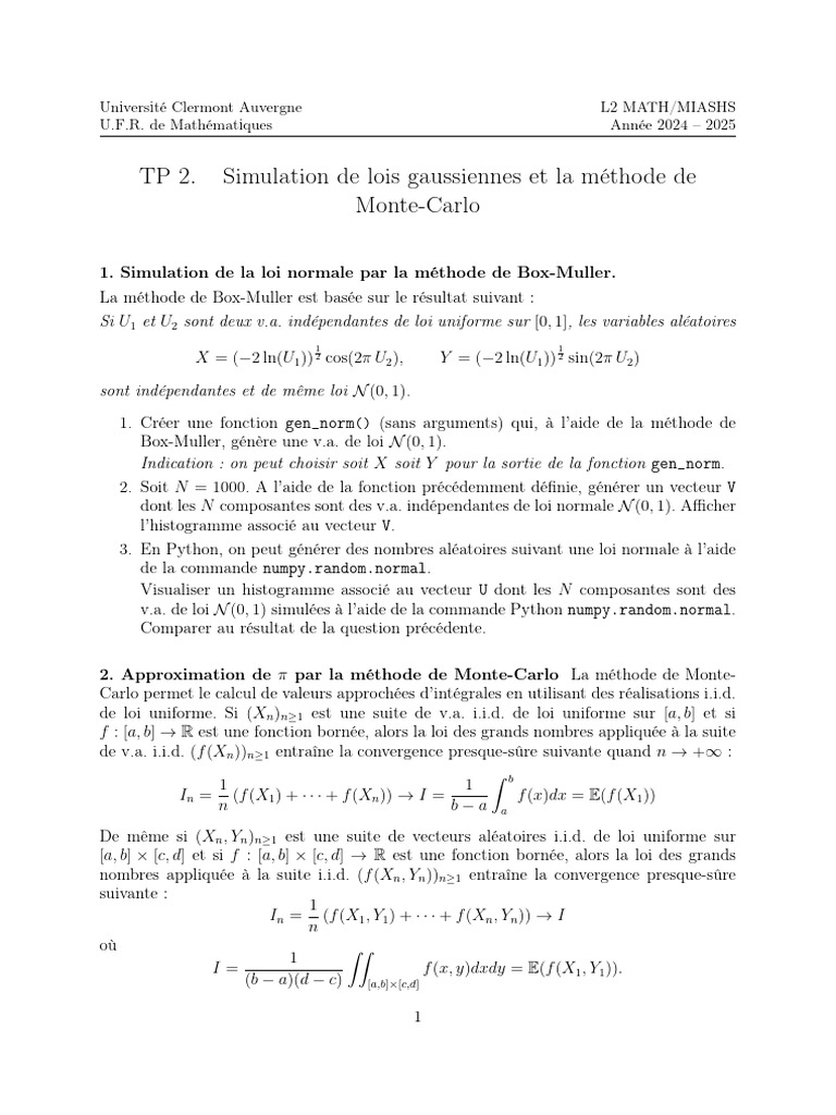 Simulation de lois gaussiennes et Monte-Carlo | PDF | Loi normale ...