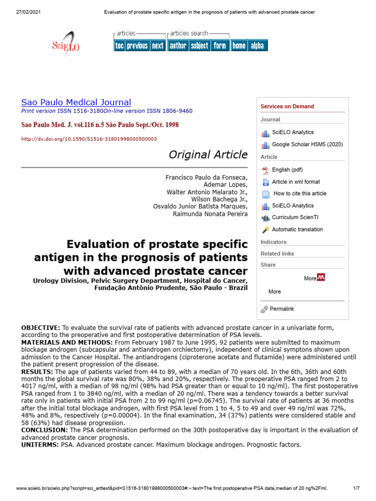 Evaluation of Prostate Specific Antigen in The Prognosis of Patients ...