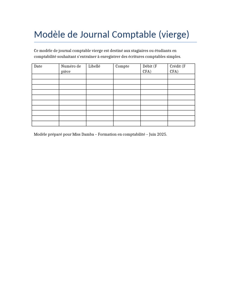 Modèle de Journal Comptable Vierge | PDF