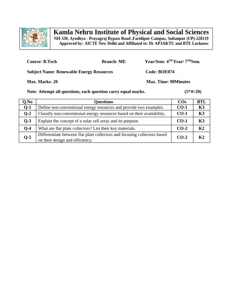 Renewable Energy Resources Exam Questions | PDF