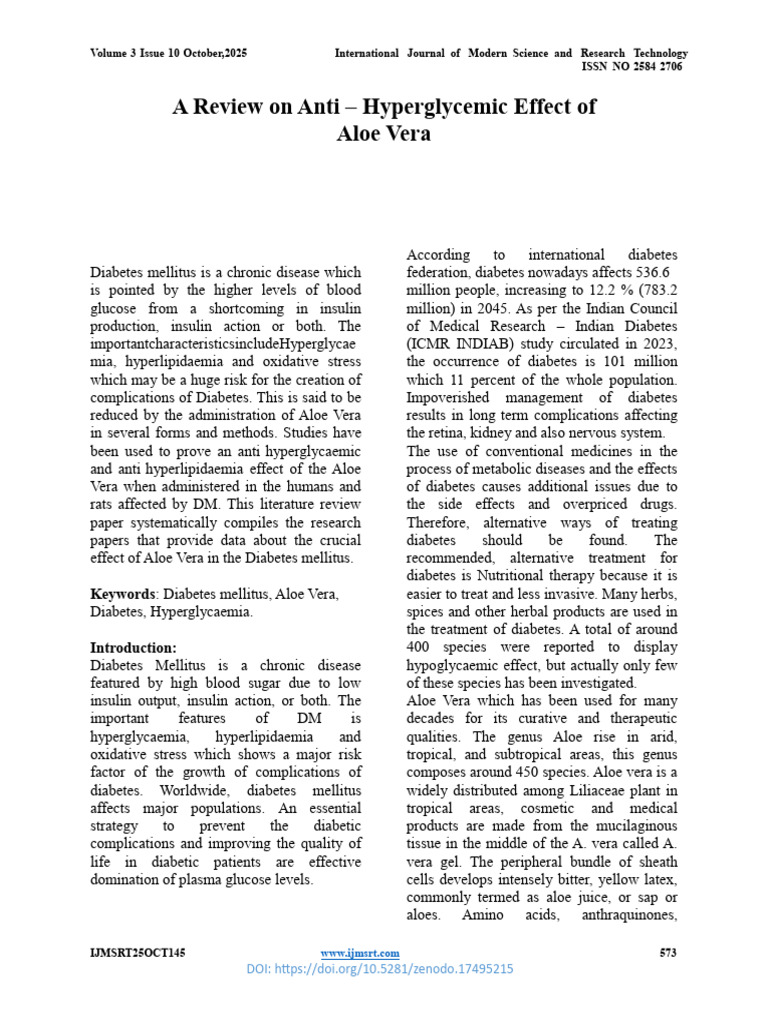 A Review On Anti - Hyperglycemic Effect of Aloe Vera | PDF | Diabetes ...