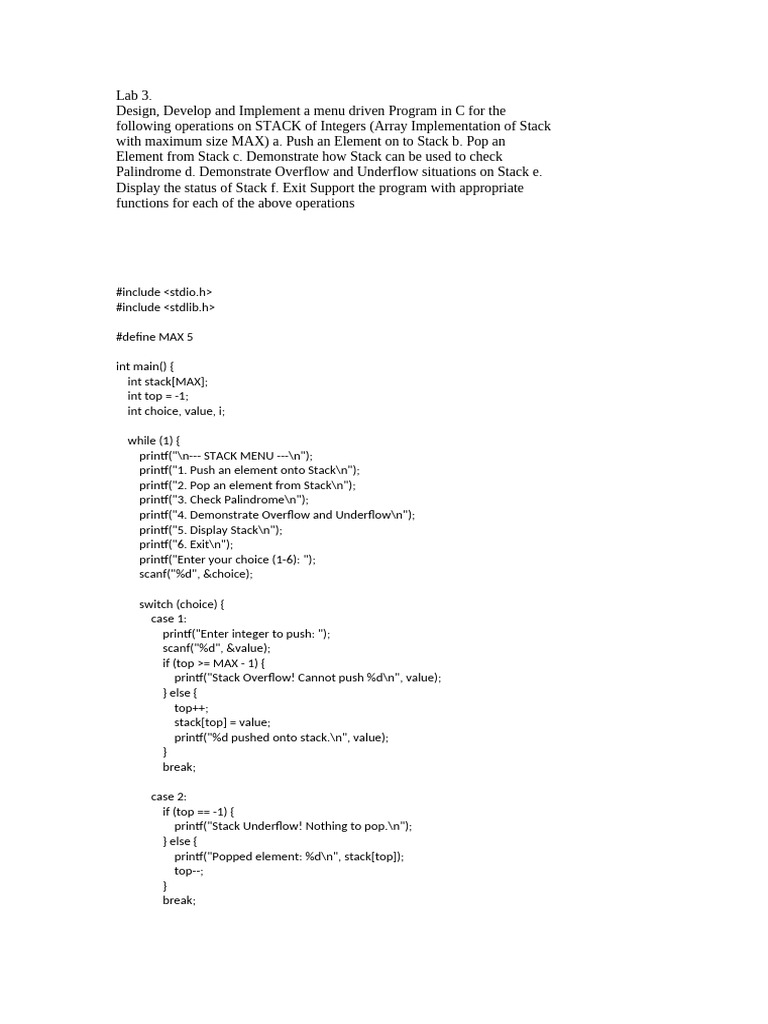 C Program for Stack and String Operations | PDF | Queue (Abstract Data ...