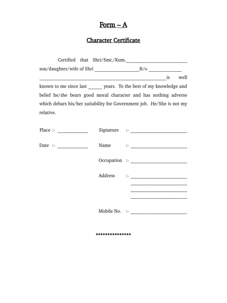 Character Certificate Form Template | PDF