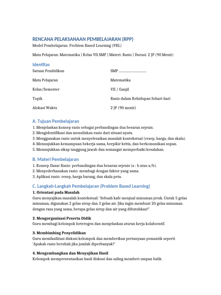 RPP PBL Rasio SMP | PDF