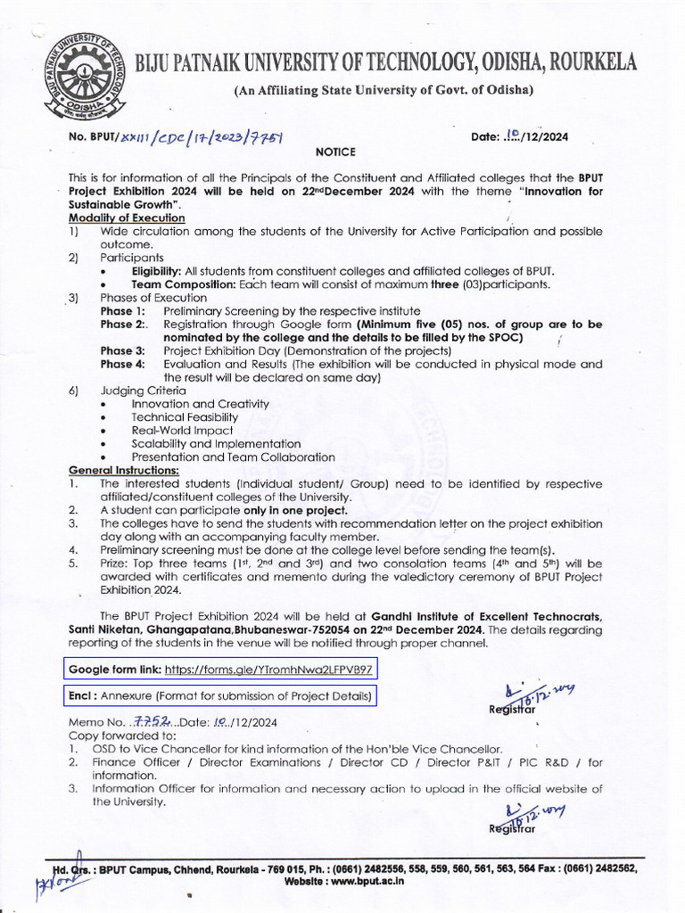 Registration For BPUT Project Exhibition - 2024 | PDF