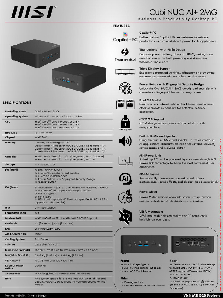 Cubi NUC AI+ 2MG Datasheet v1 | PDF | Central Processing Unit | Personal  Computers