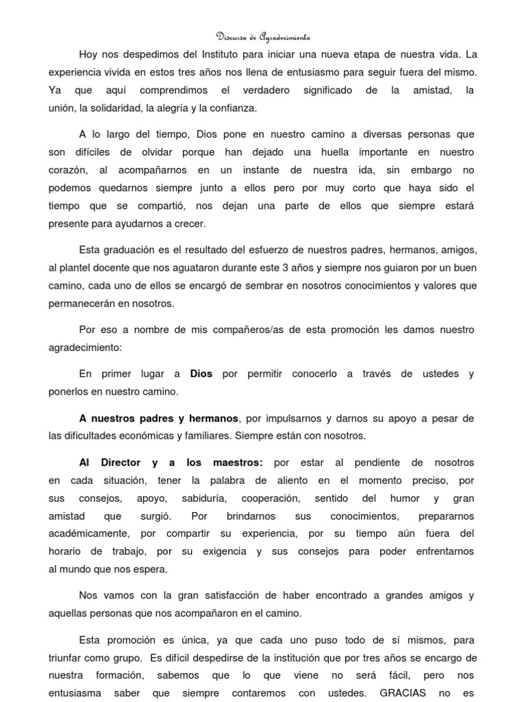 Discurso de AGRADECIMIENTO DE LA GRADUACIÓN