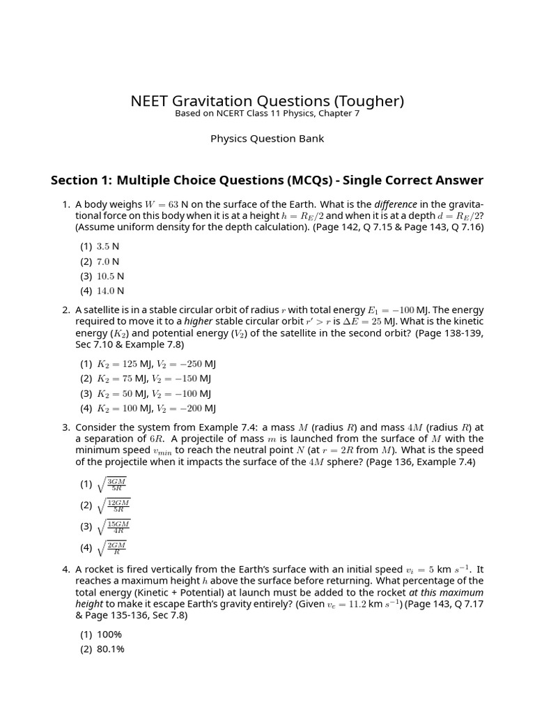 Tough NEET Gravitation MCQs for Physics | PDF | Orbit | Force