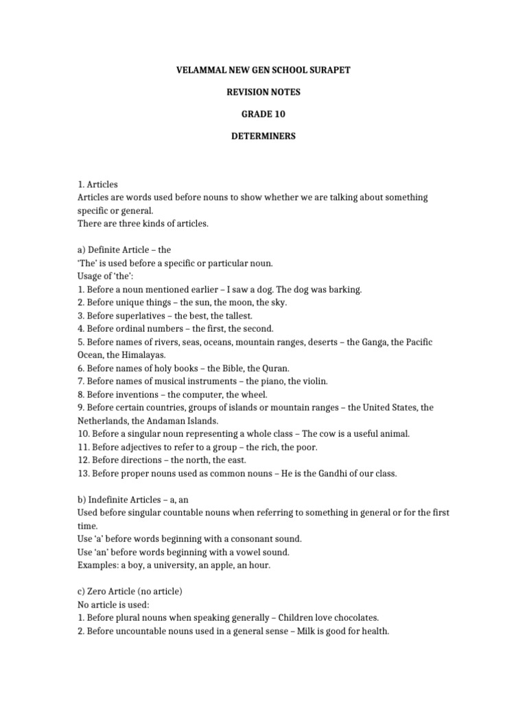 Grade 10 Determiners Revision Guide | PDF | Noun | Plural
