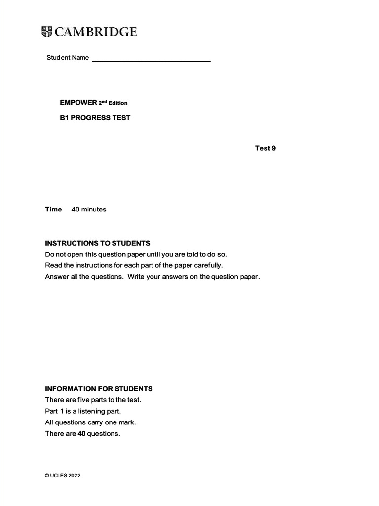 Empower Empower B1 Progress Test B1 Progress Test: Stud Student Na Ent ...