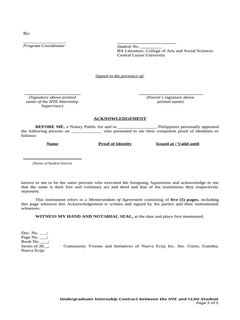 005 Suggested Internship Contract Student and The HTE | PDF