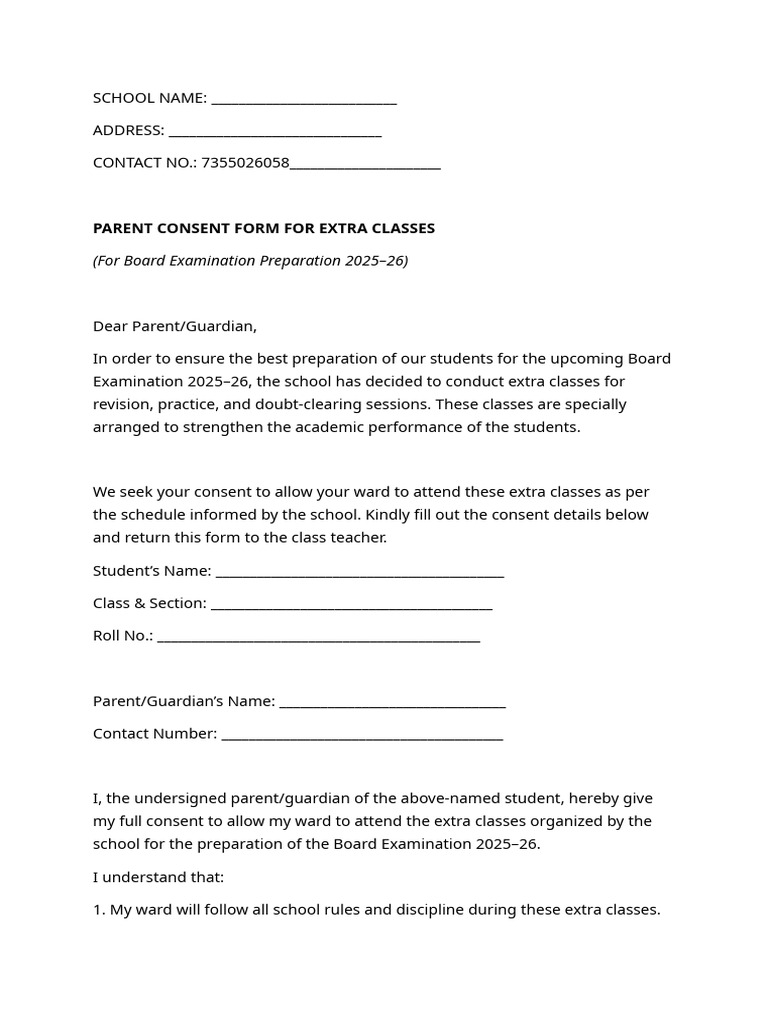Parent Consent for Extra Classes 2025-26 | PDF