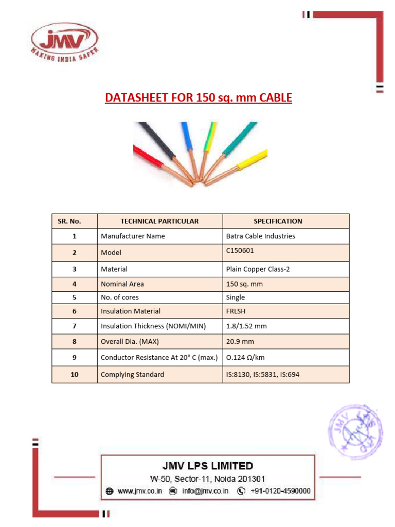 150 sq. mm Copper Cable Datasheet | PDF