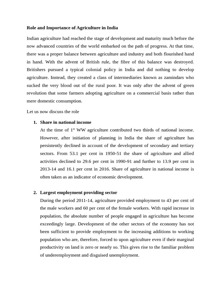 Role and Importance of Agriculture in India | PDF | Labour Economics ...