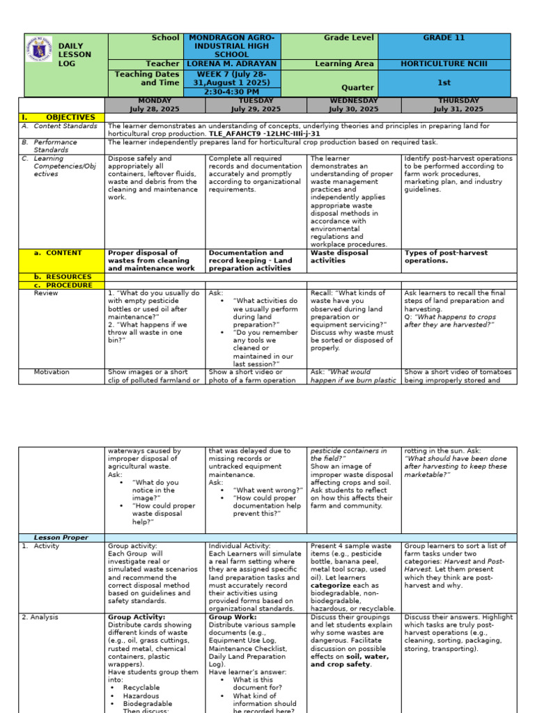 Horticulture Waste Management Lesson Plan | PDF | Waste | Waste Management