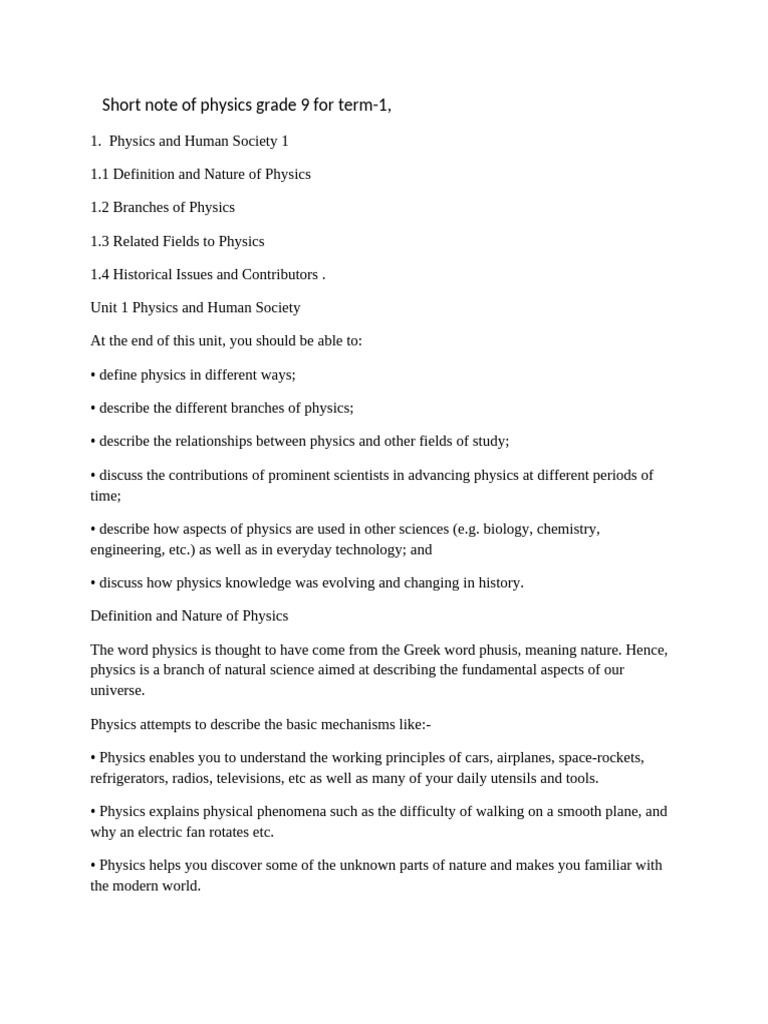 Grade 9 Physics: Nature & Branches Overview | PDF | Physics | Mechanics