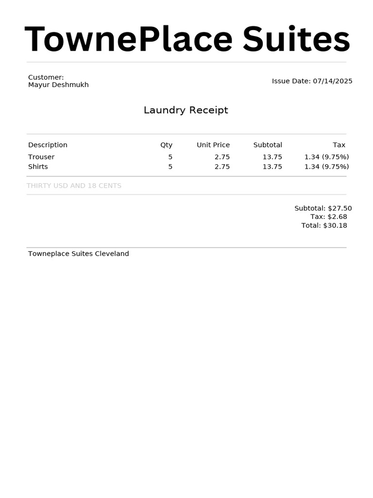 Laundry Receipt for TownePlace Suites | PDF