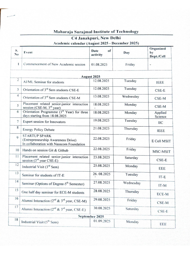 Msit Academic Calendar August December 2025 | PDF