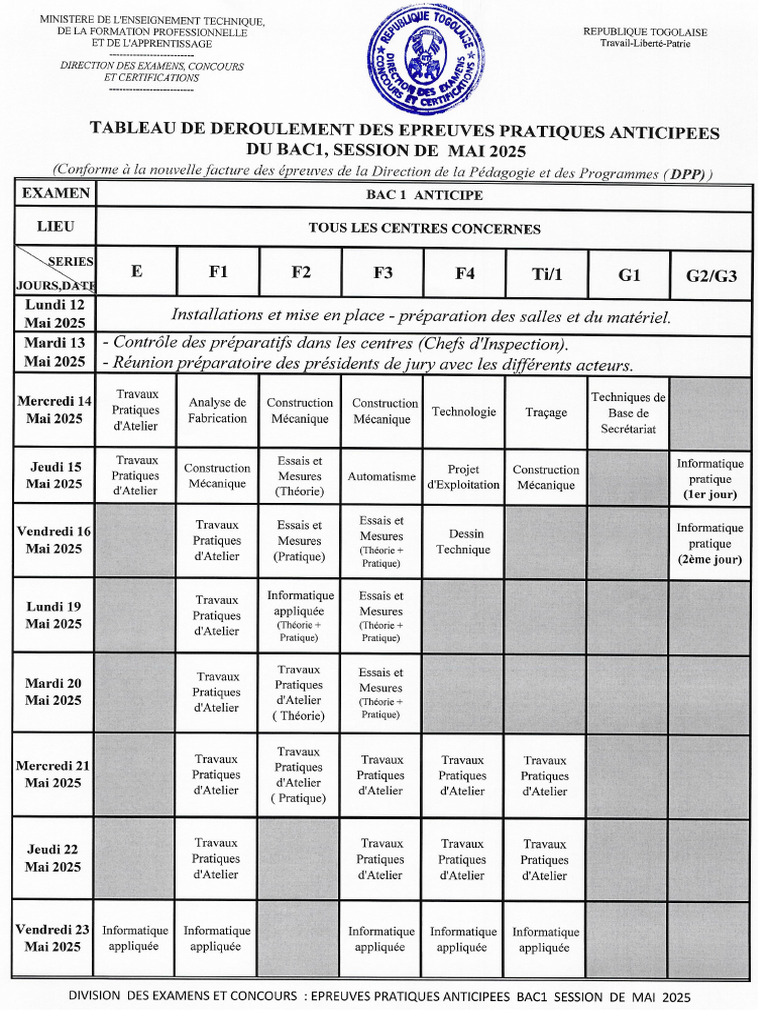 Examen BAC1 2025 Calendrier | PDF